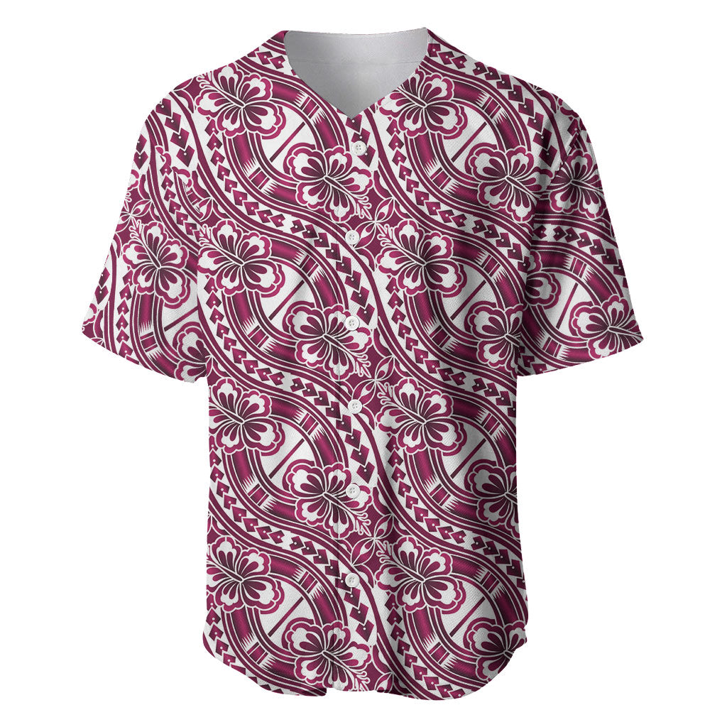 Hibiscus Bloom Island Tribal Waves Baseball Jersey Pink Polynesian Pattern