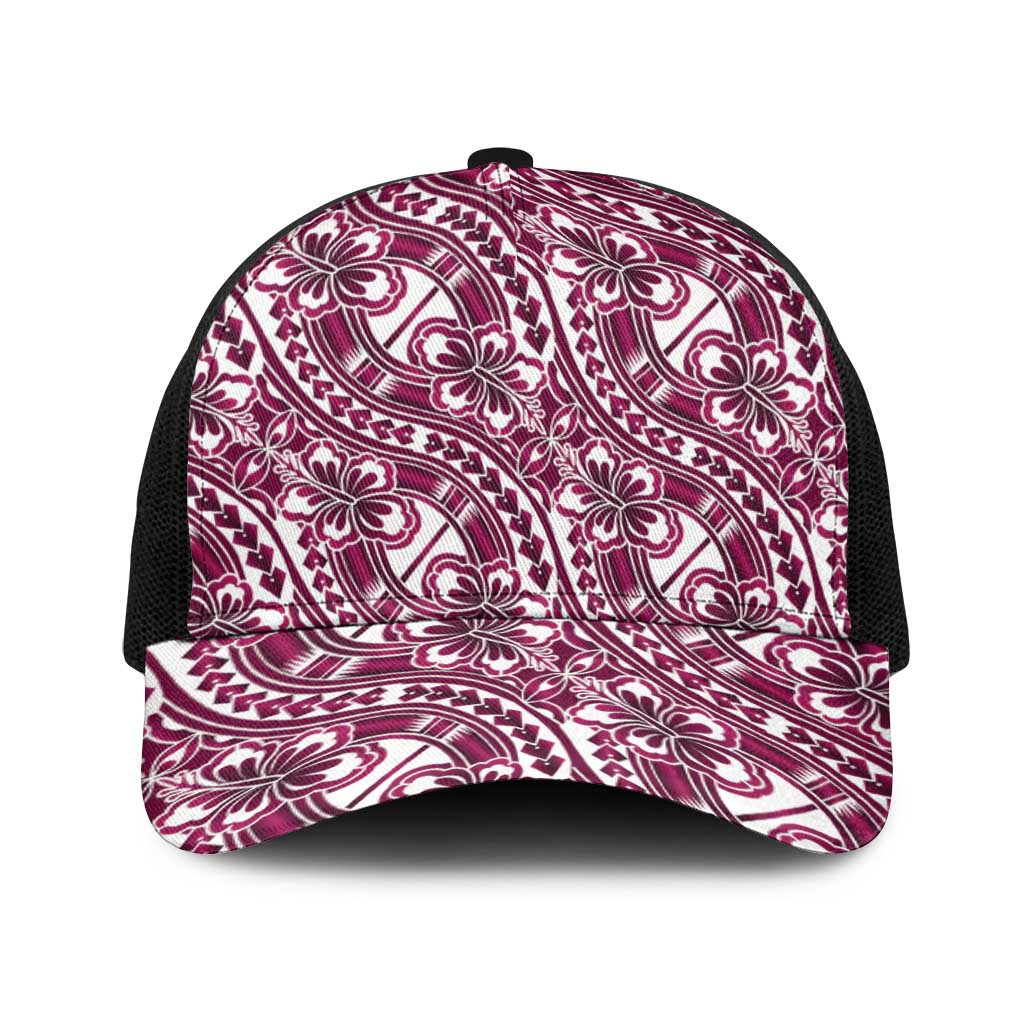 Hibiscus Bloom Island Tribal Waves Baseball Net Cap Pink Polynesian Pattern