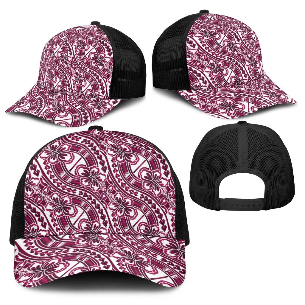 Hibiscus Bloom Island Tribal Waves Baseball Net Cap Pink Polynesian Pattern