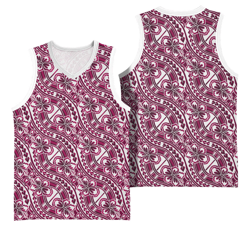 Hibiscus Bloom Island Tribal Waves Basketball Jersey Pink Polynesian Pattern