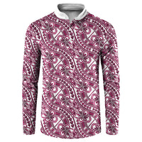 Hibiscus Bloom Island Tribal Waves Button Sweatshirt Pink Polynesian Pattern