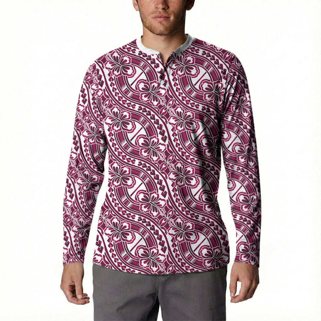 Hibiscus Bloom Island Tribal Waves Button Sweatshirt Pink Polynesian Pattern