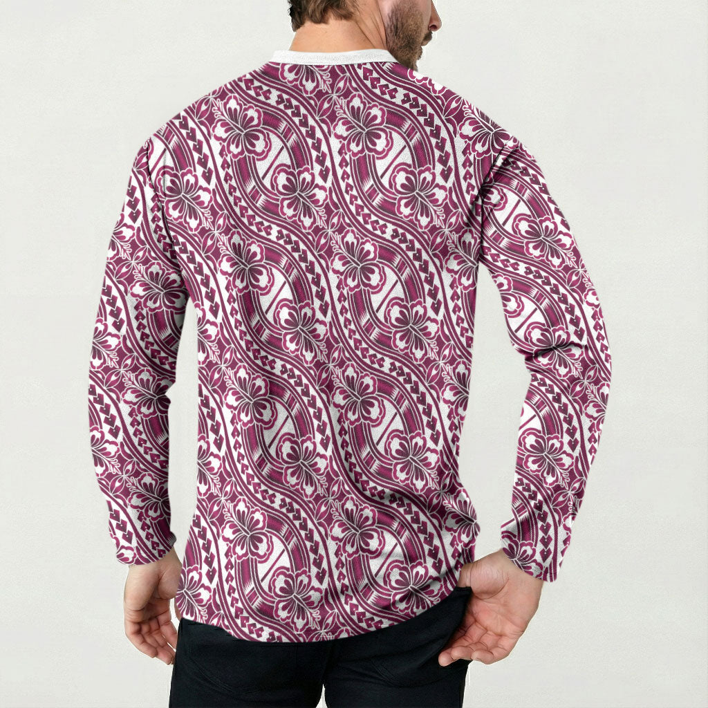 Hibiscus Bloom Island Tribal Waves Button Sweatshirt Pink Polynesian Pattern