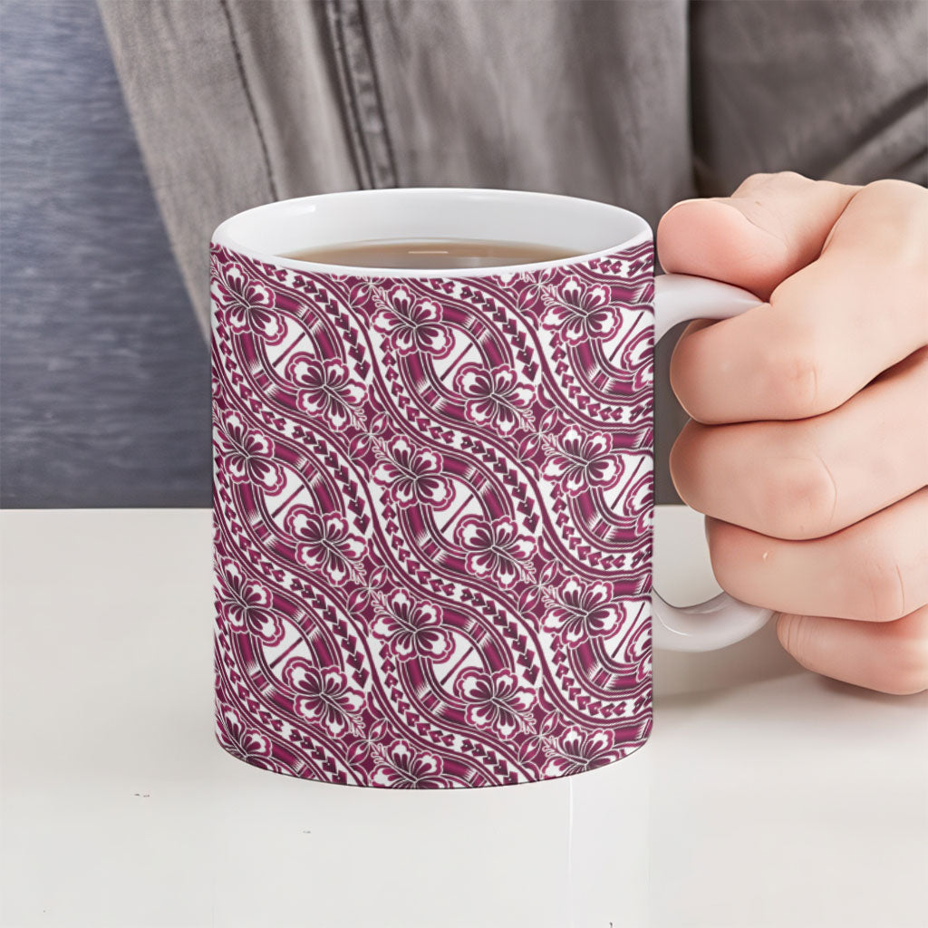Hibiscus Bloom Island Tribal Waves Ceramic Mug Pink Polynesian Pattern