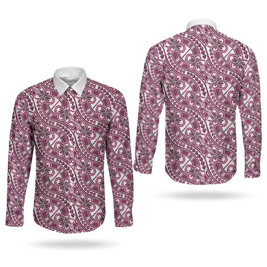 Hibiscus Bloom Island Tribal Waves Couples Matching Puletasi and Long Sleeve Button Shirt Pink Polynesian Pattern LT01 - Polynesian Pride