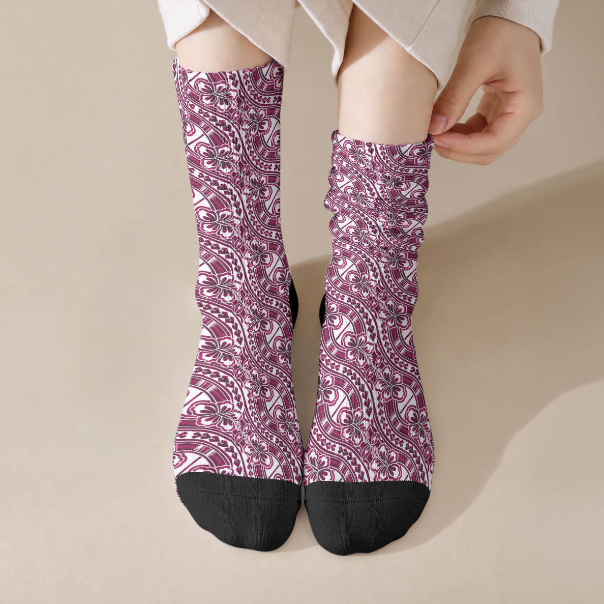 Hibiscus Bloom Island Tribal Waves Crew Socks Pink Polynesian Pattern