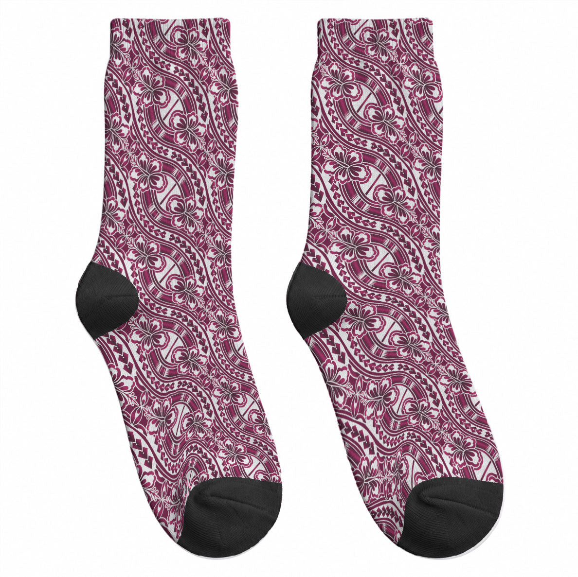 Hibiscus Bloom Island Tribal Waves Crew Socks Pink Polynesian Pattern