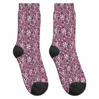 Hibiscus Bloom Island Tribal Waves Crew Socks Pink Polynesian Pattern