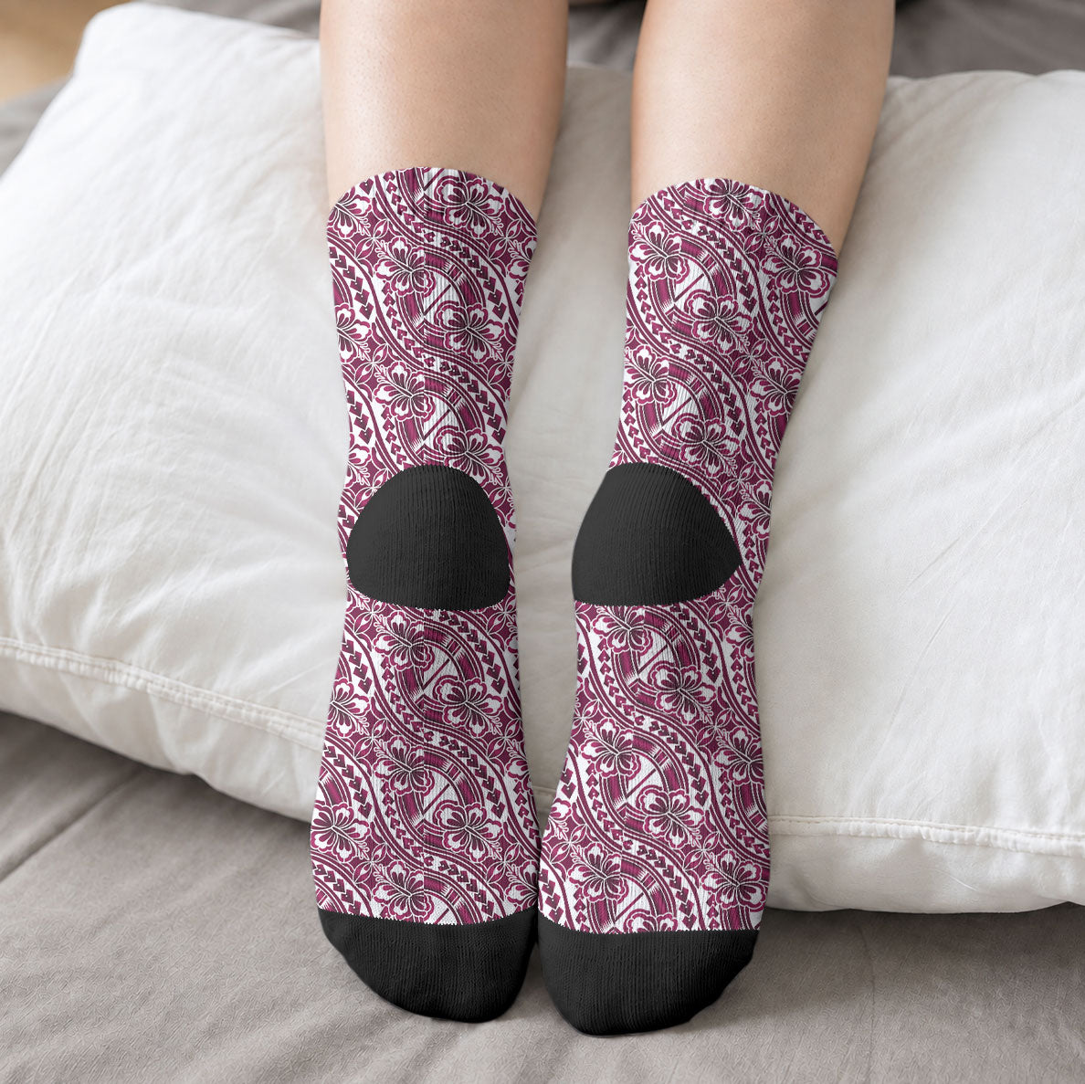 Hibiscus Bloom Island Tribal Waves Crew Socks Pink Polynesian Pattern