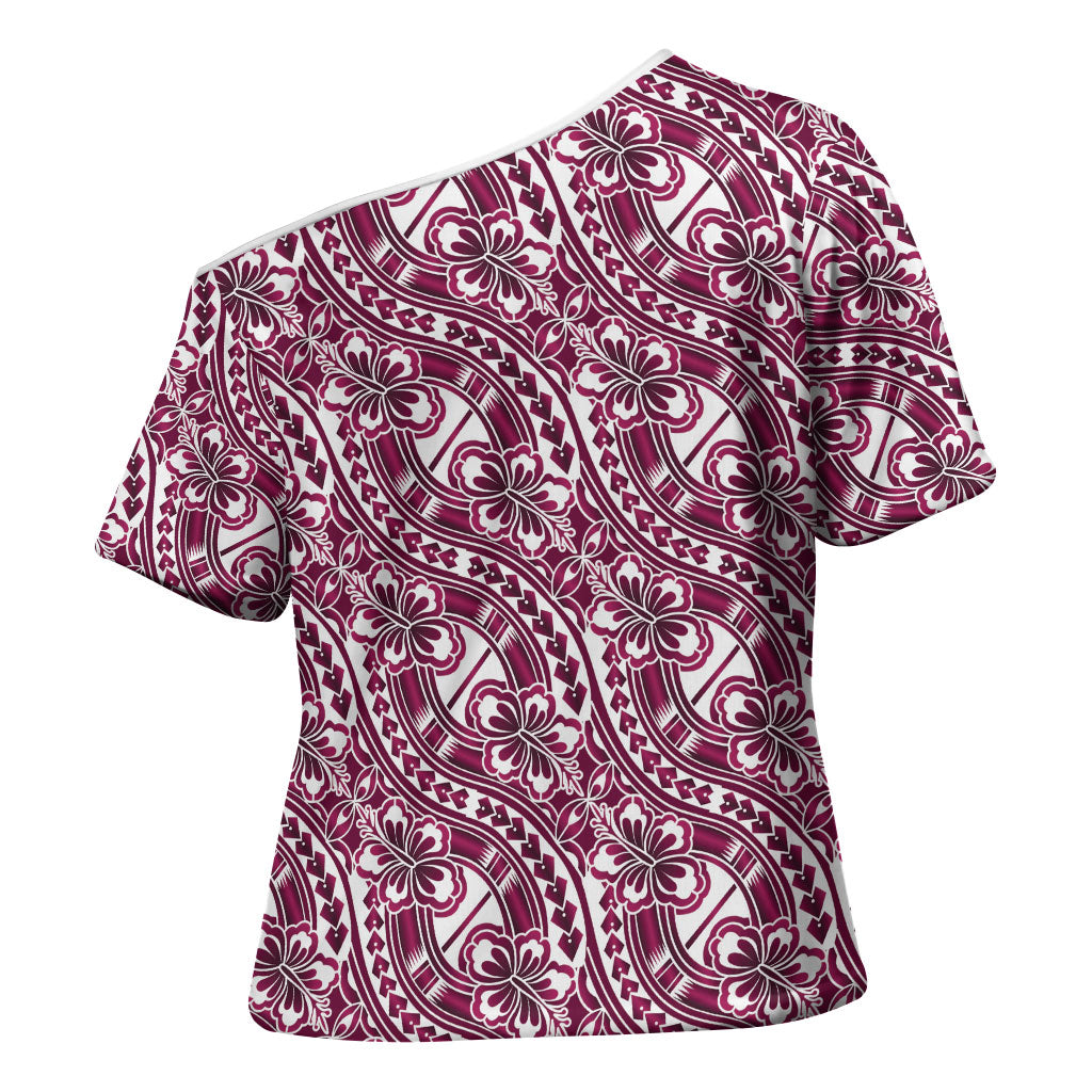 Hibiscus Bloom Island Tribal Waves Cross Shoulder Shirt Pink Polynesian Pattern LT01 - Polynesian Pride