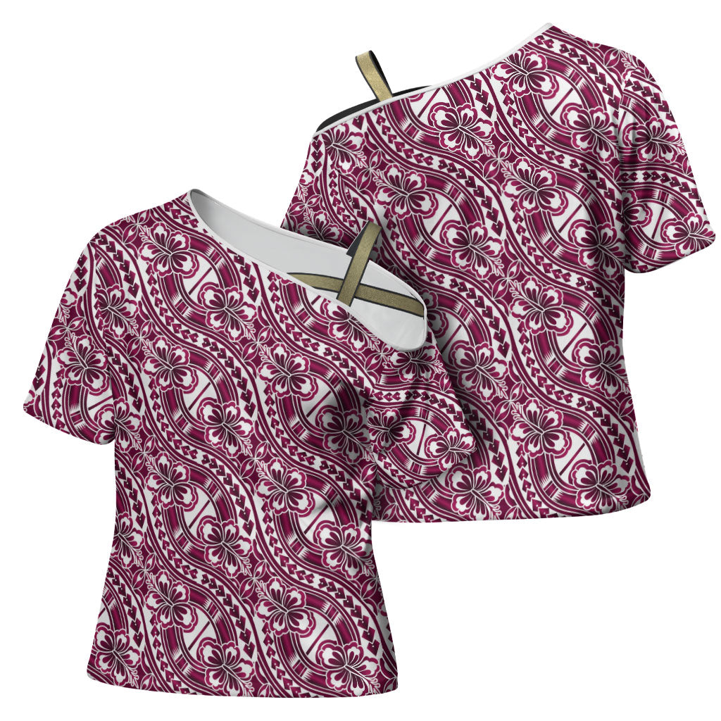 Hibiscus Bloom Island Tribal Waves Cross Shoulder Shirt Pink Polynesian Pattern LT01 - Polynesian Pride