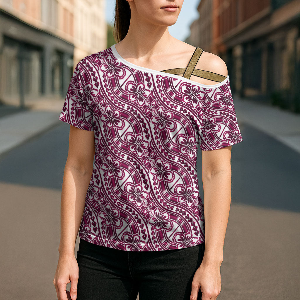 Hibiscus Bloom Island Tribal Waves Cross Shoulder Shirt Pink Polynesian Pattern LT01 - Polynesian Pride