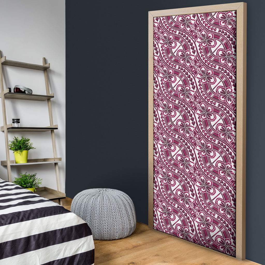 Hibiscus Bloom Island Tribal Waves Door Cover Pink Polynesian Pattern