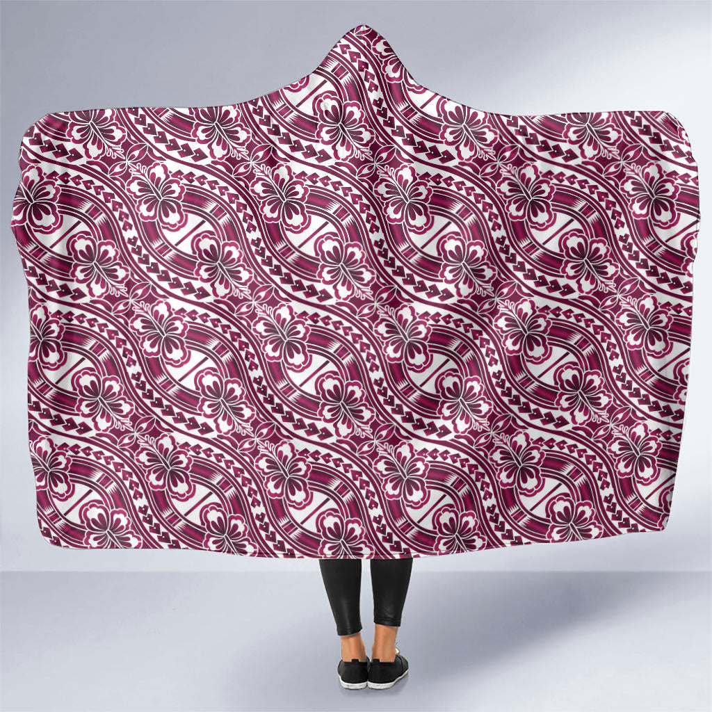 Hibiscus Bloom Island Tribal Waves Hooded Blanket Pink Polynesian Pattern