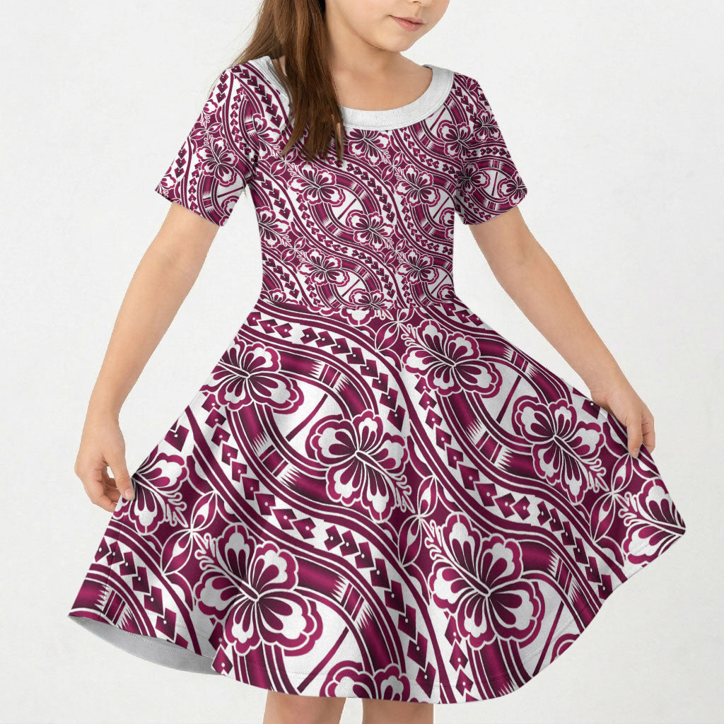Hibiscus Bloom Island Tribal Waves Kid Short Sleeve Dress Pink Polynesian Pattern