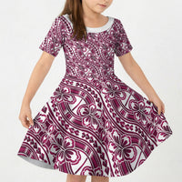 Hibiscus Bloom Island Tribal Waves Kid Short Sleeve Dress Pink Polynesian Pattern