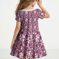 Hibiscus Bloom Island Tribal Waves Kid Short Sleeve Dress Pink Polynesian Pattern