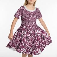 Hibiscus Bloom Island Tribal Waves Kid Short Sleeve Dress Pink Polynesian Pattern