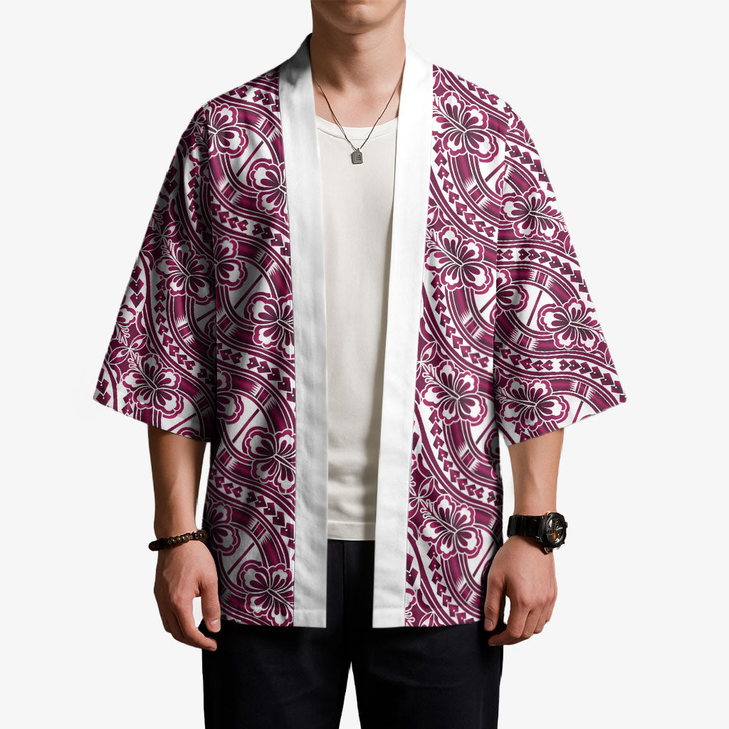 Hibiscus Bloom Island Tribal Waves Kimono Pink Polynesian Pattern