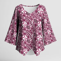 Hibiscus Bloom Island Tribal Waves Kimono Sleeve Blouse Pink Polynesian Pattern
