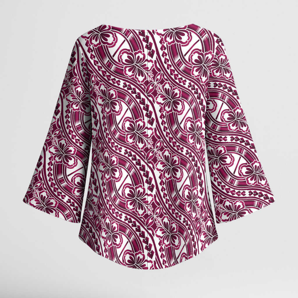 Hibiscus Bloom Island Tribal Waves Kimono Sleeve Blouse Pink Polynesian Pattern