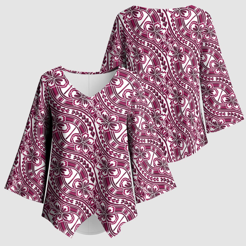 Hibiscus Bloom Island Tribal Waves Kimono Sleeve Blouse Pink Polynesian Pattern