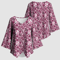 Hibiscus Bloom Island Tribal Waves Kimono Sleeve Blouse Pink Polynesian Pattern