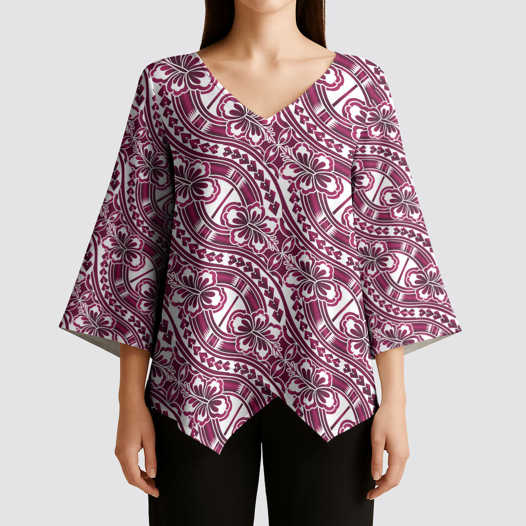 Hibiscus Bloom Island Tribal Waves Kimono Sleeve Blouse Pink Polynesian Pattern