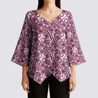 Hibiscus Bloom Island Tribal Waves Kimono Sleeve Blouse Pink Polynesian Pattern