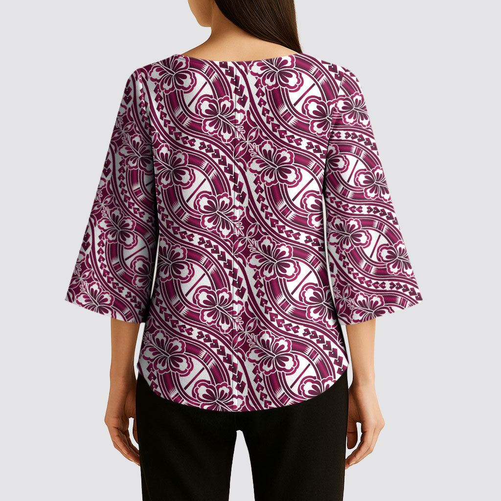 Hibiscus Bloom Island Tribal Waves Kimono Sleeve Blouse Pink Polynesian Pattern