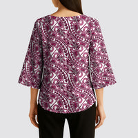 Hibiscus Bloom Island Tribal Waves Kimono Sleeve Blouse Pink Polynesian Pattern