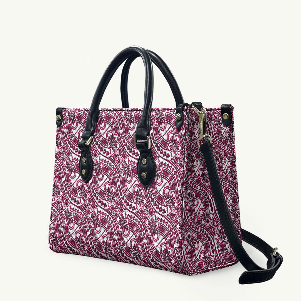 Hibiscus Bloom Island Tribal Waves Leather Bag Pink Polynesian Pattern