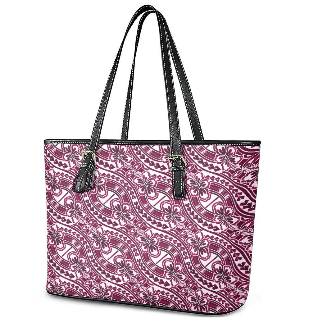 Hibiscus Bloom Island Tribal Waves Leather Tote Bag Pink Polynesian Pattern