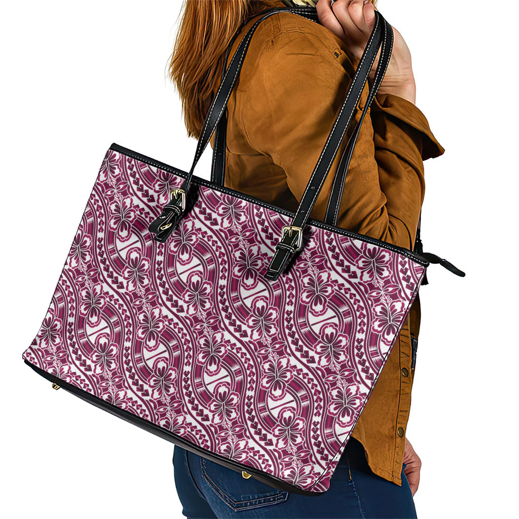 Hibiscus Bloom Island Tribal Waves Leather Tote Bag Pink Polynesian Pattern