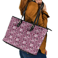 Hibiscus Bloom Island Tribal Waves Leather Tote Bag Pink Polynesian Pattern