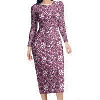 Hibiscus Bloom Island Tribal Waves Long Sleeve Bodycon Dress Pink Polynesian Pattern