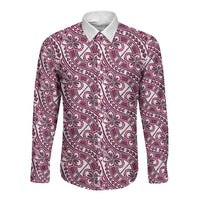 Hibiscus Bloom Island Tribal Waves Long Sleeve Button Shirt Pink Polynesian Pattern