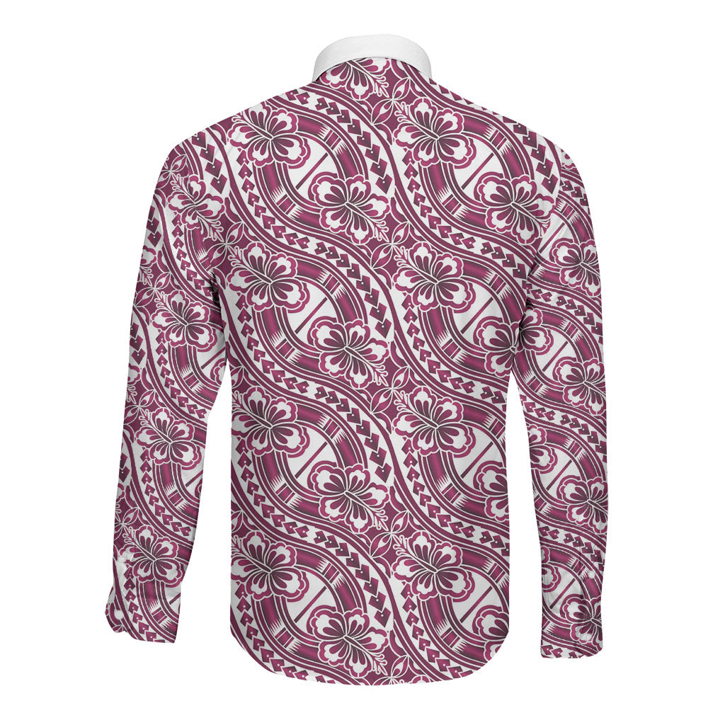Hibiscus Bloom Island Tribal Waves Long Sleeve Button Shirt Pink Polynesian Pattern