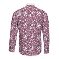 Hibiscus Bloom Island Tribal Waves Long Sleeve Button Shirt Pink Polynesian Pattern
