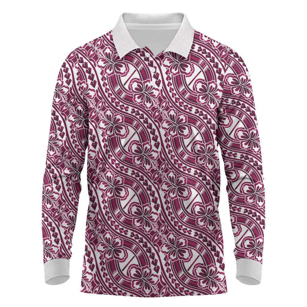 Hibiscus Bloom Island Tribal Waves Long Sleeve Polo Shirt Pink Polynesian Pattern LT01 Pink - Polynesian Pride