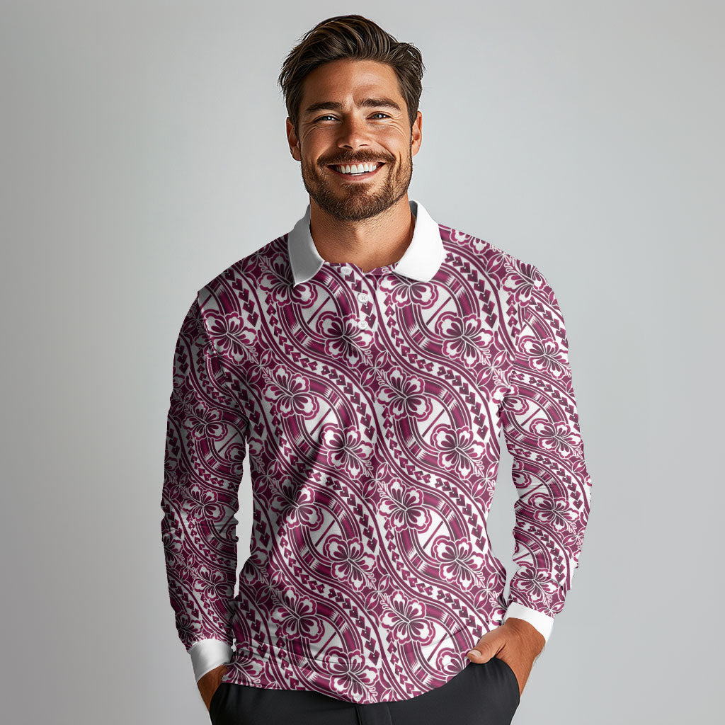 Hibiscus Bloom Island Tribal Waves Long Sleeve Polo Shirt Pink Polynesian Pattern LT01 - Polynesian Pride