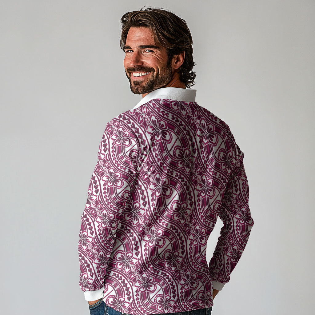 Hibiscus Bloom Island Tribal Waves Long Sleeve Polo Shirt Pink Polynesian Pattern LT01 - Polynesian Pride
