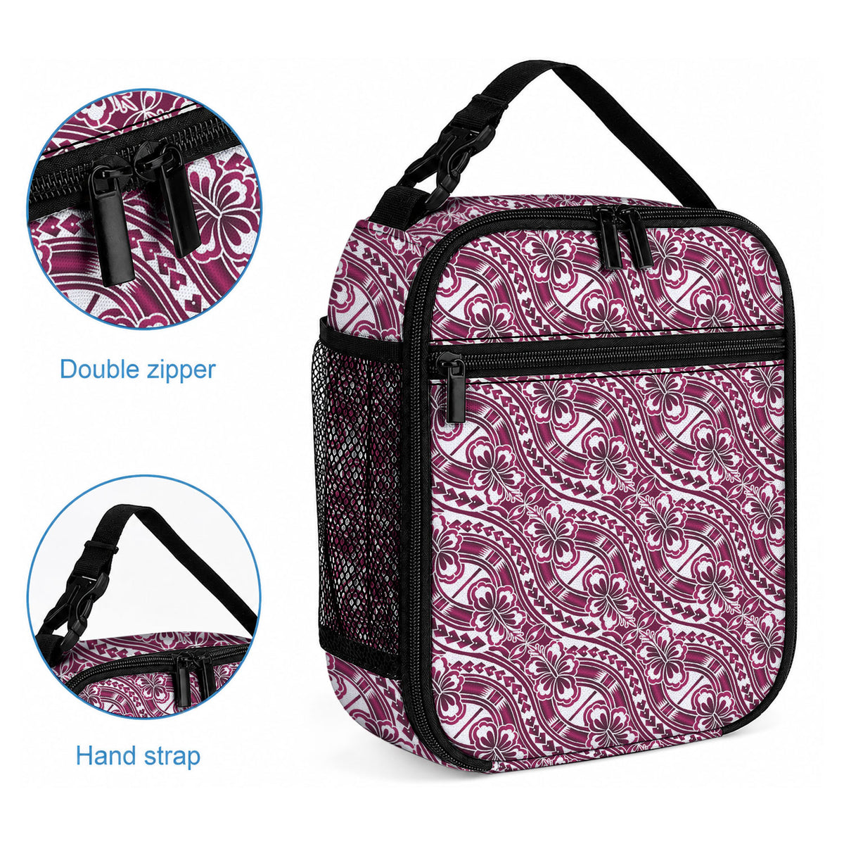 Hibiscus Bloom Island Tribal Waves Lunch Bag Pink Polynesian Pattern