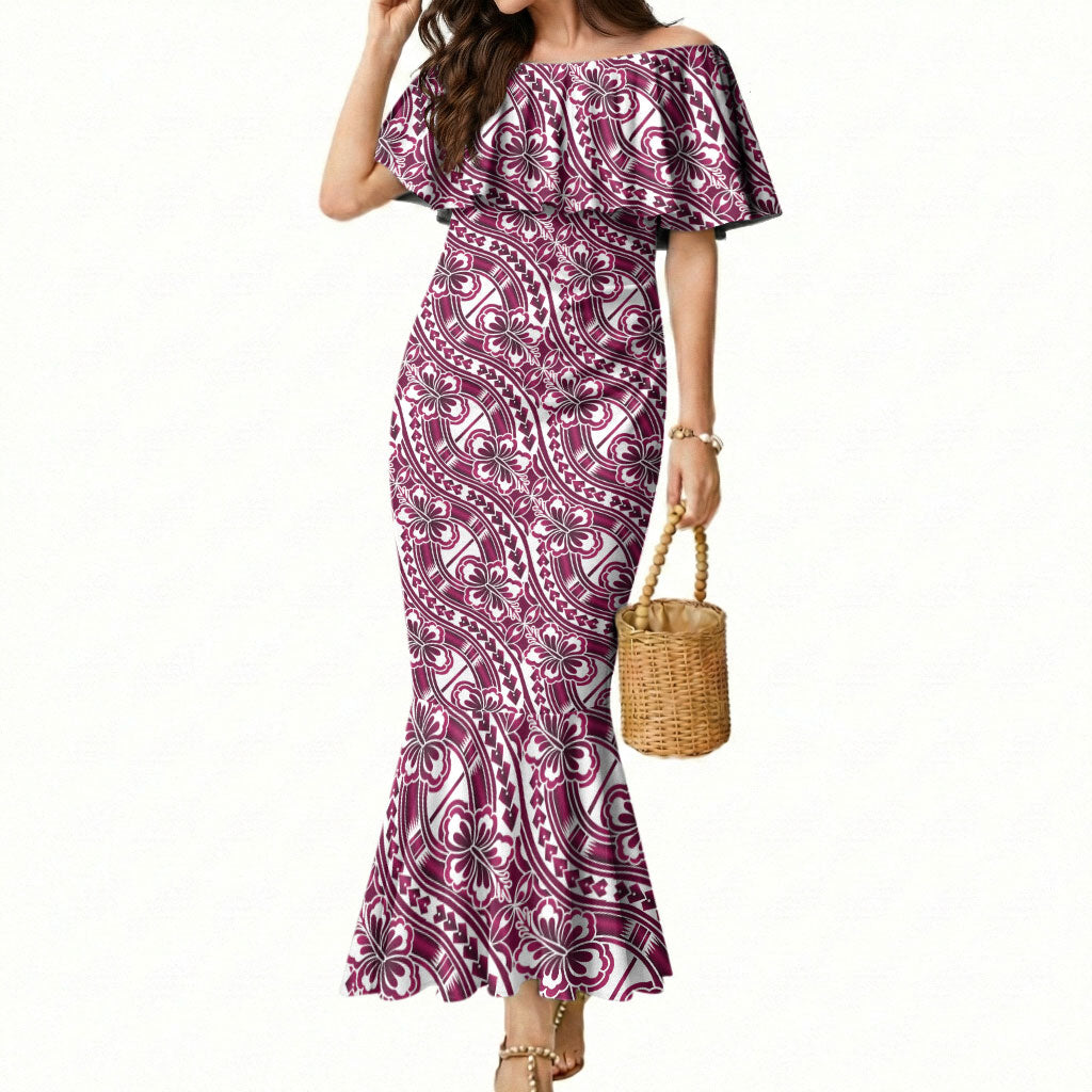 Hibiscus Bloom Island Tribal Waves Mermaid Dress Pink Polynesian Pattern