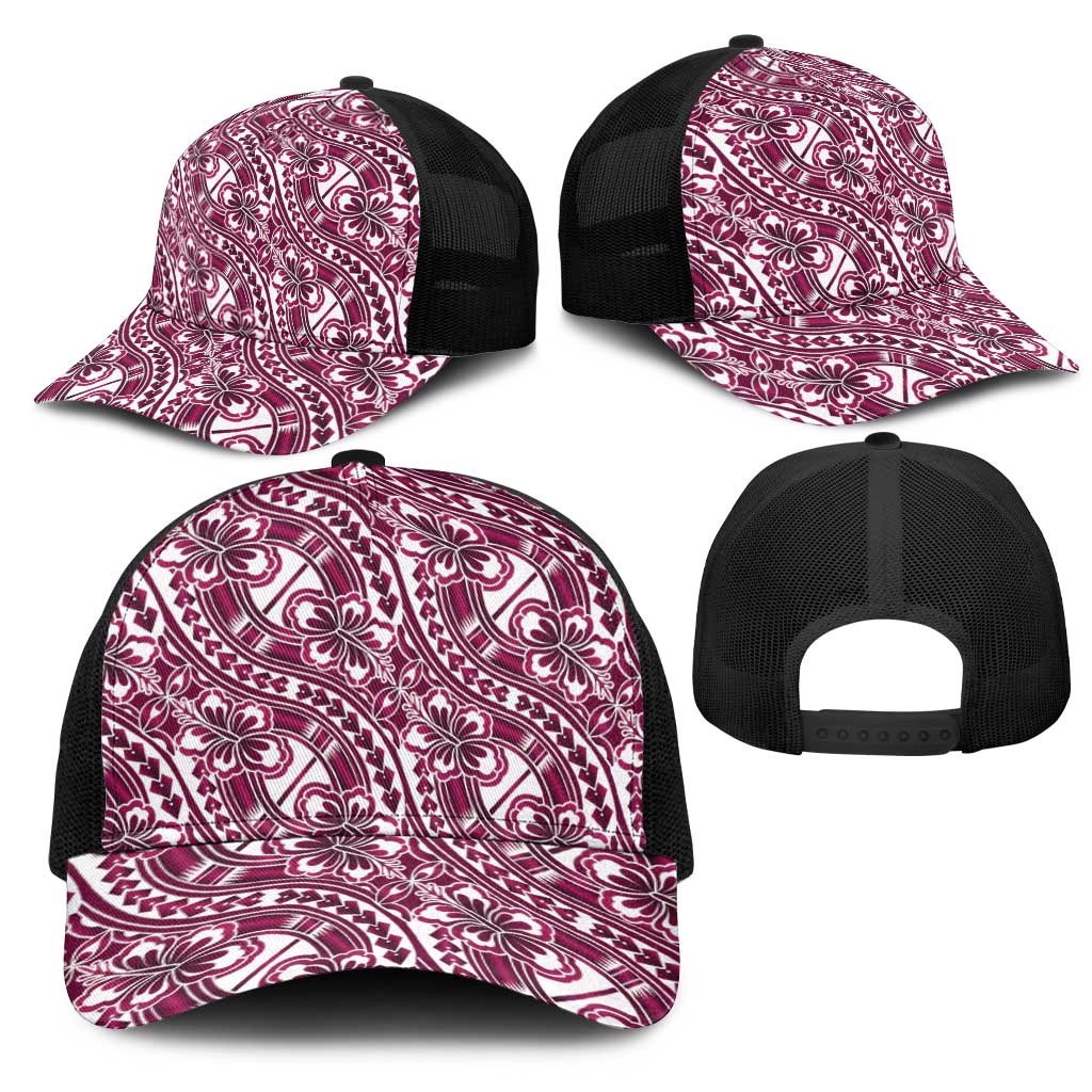 Hibiscus Bloom Island Tribal Waves Mesh Trucker Cap Pink Polynesian Pattern