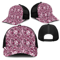 Hibiscus Bloom Island Tribal Waves Mesh Trucker Cap Pink Polynesian Pattern
