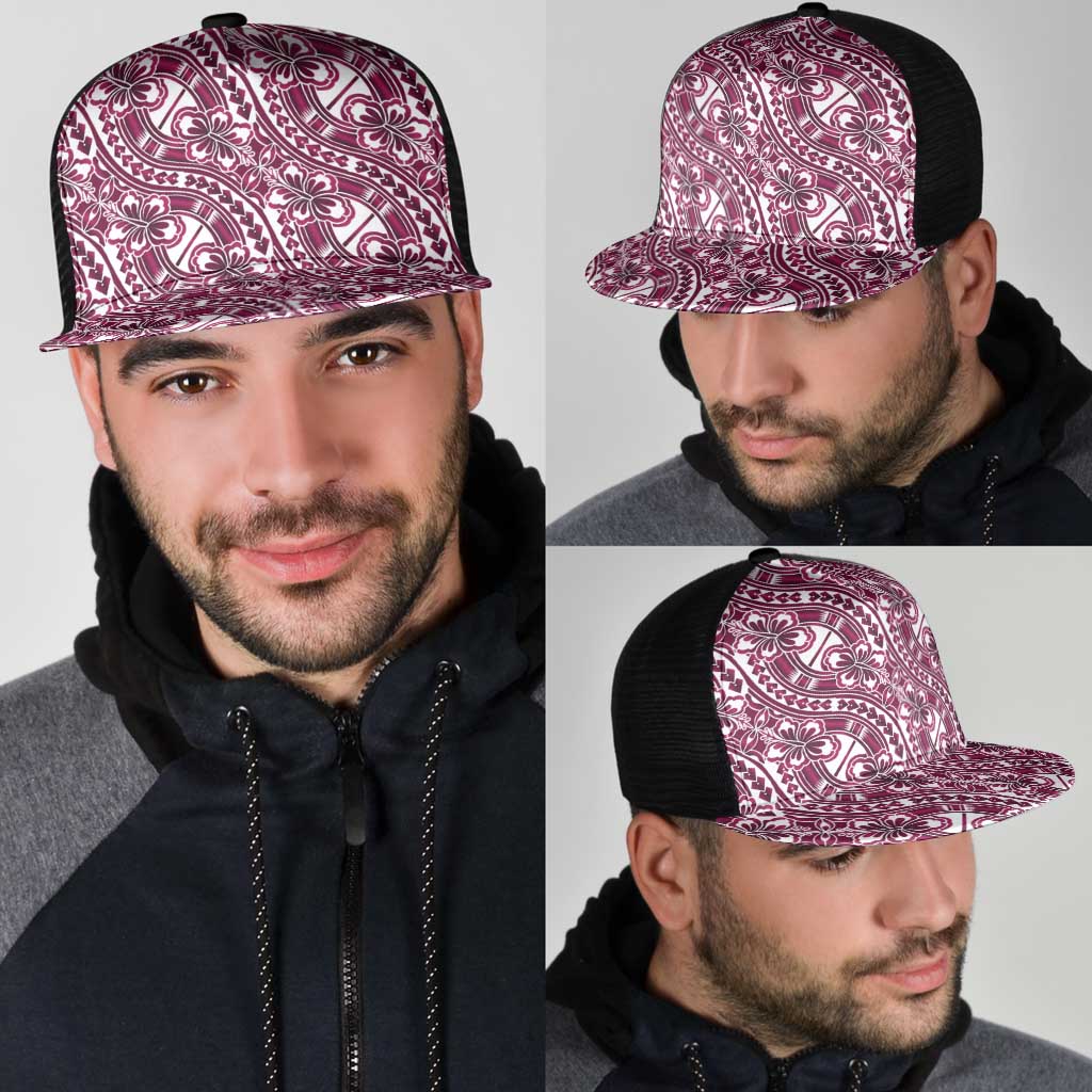Hibiscus Bloom Island Tribal Waves Mesh Trucker Cap Pink Polynesian Pattern