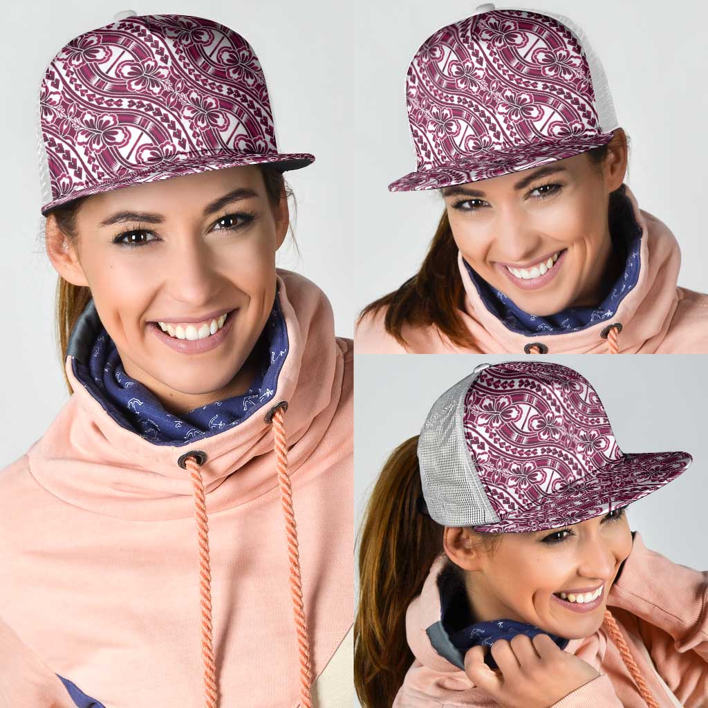 Hibiscus Bloom Island Tribal Waves Mesh Trucker Cap Pink Polynesian Pattern
