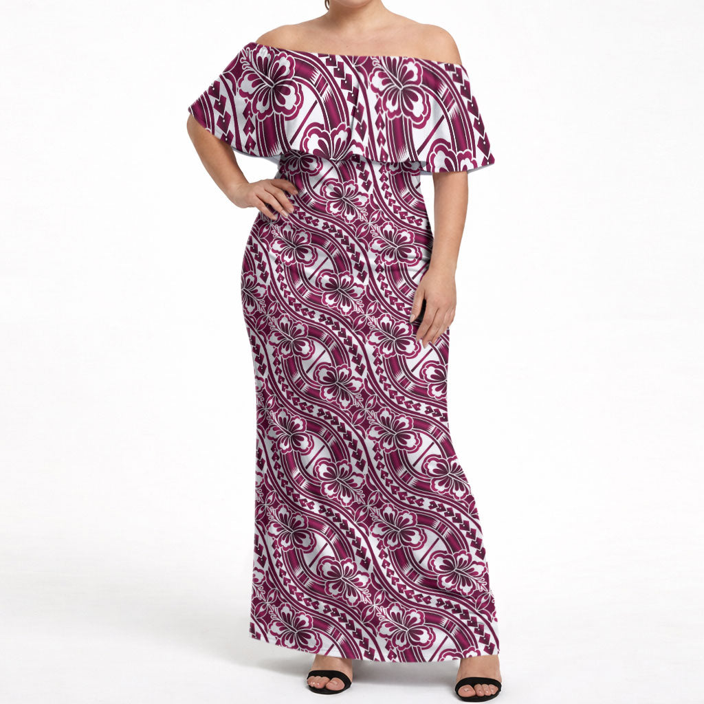 Hibiscus Bloom Island Tribal Waves Off Shoulder Maxi Dress Pink Polynesian Pattern