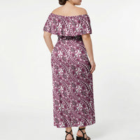 Hibiscus Bloom Island Tribal Waves Off Shoulder Maxi Dress Pink Polynesian Pattern